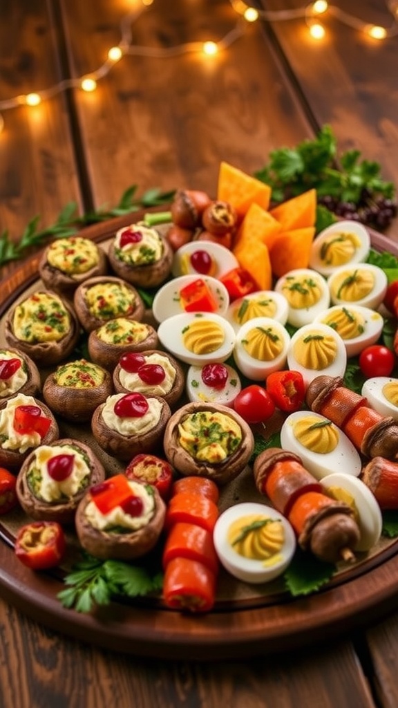 An inviting platter of Thanksgiving appetizers including stuffed mushrooms, cranberry brie bites, mini quiches, deviled eggs, and antipasto skewers.